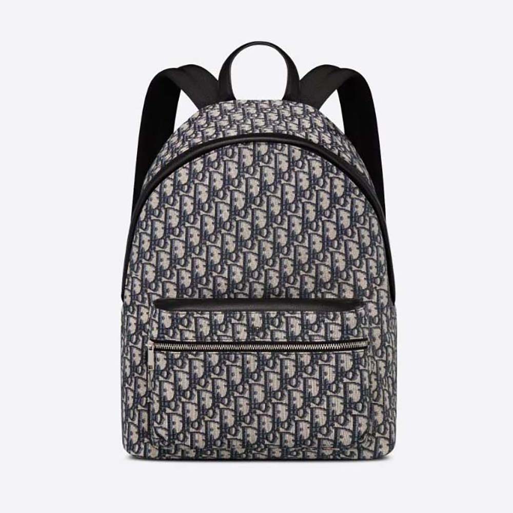 Front view of Dior Men Rider Backpack Beige and Black Dior Oblique Jacquard