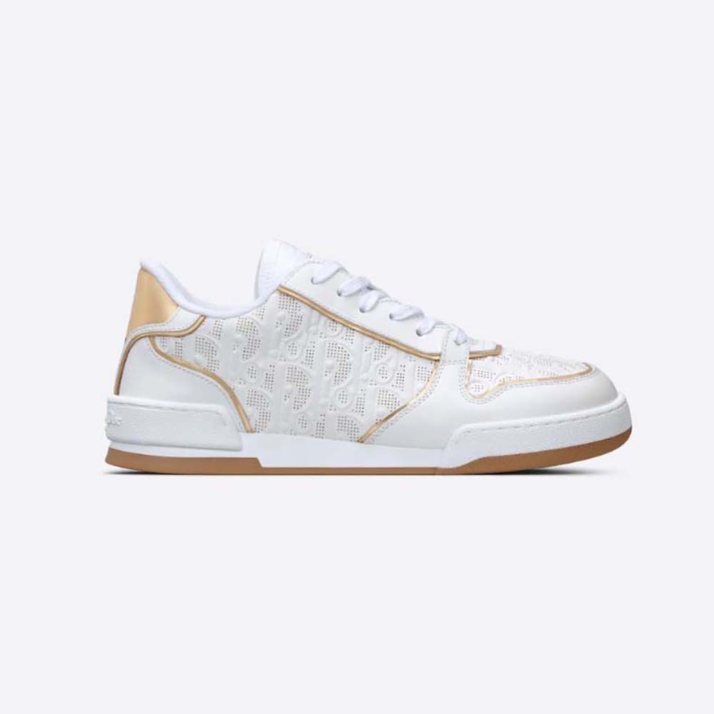 Side view of Dior Unisex One Sneaker White and Gold-Tone Dior Oblique Perforated Calfskin