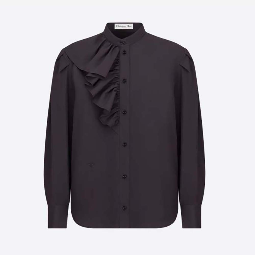 Front view of Dior Women Blouse with Ruffles Black Cotton Poplin