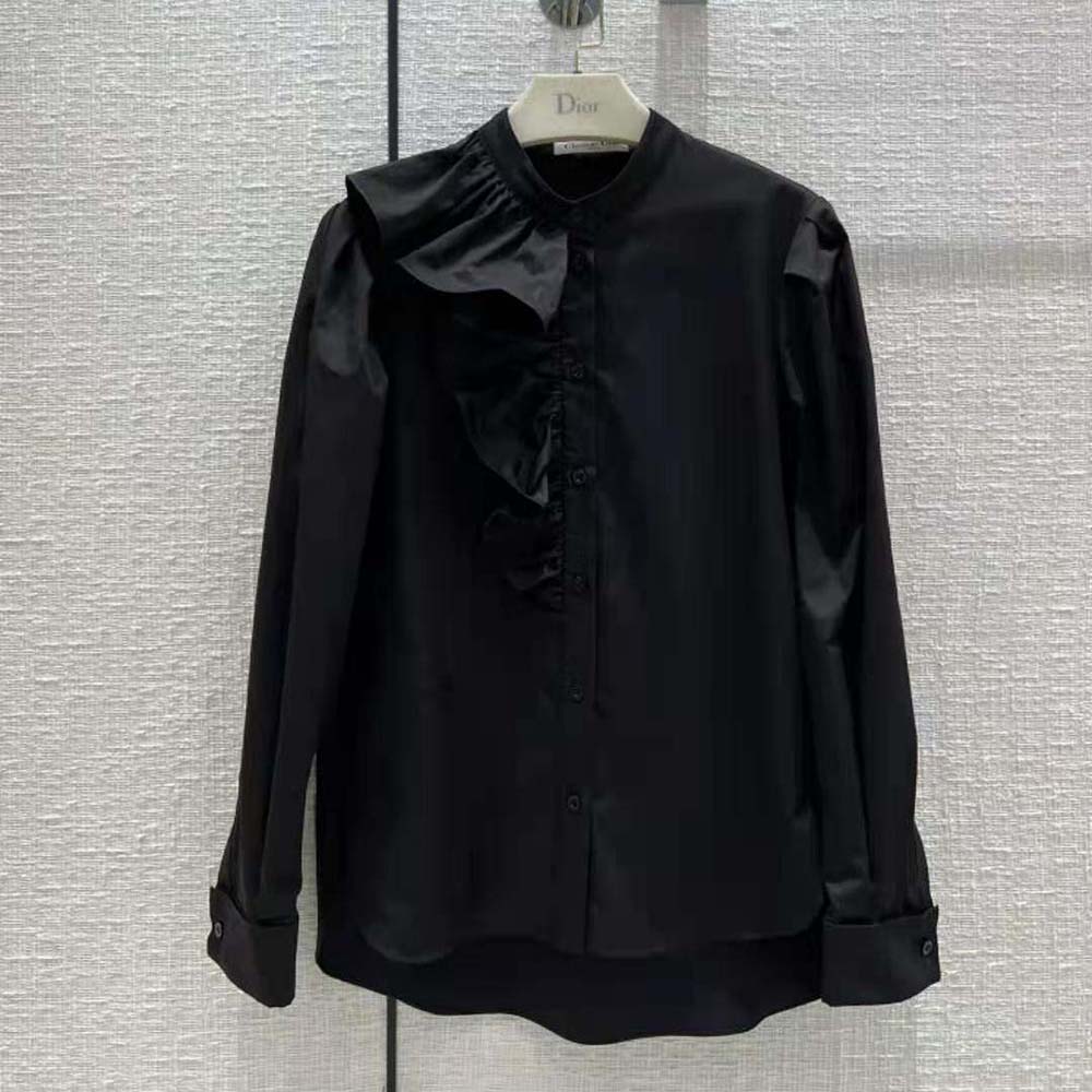 Close-up of ruffle detail on Dior Women Blouse with Ruffles Black Cotton Poplin