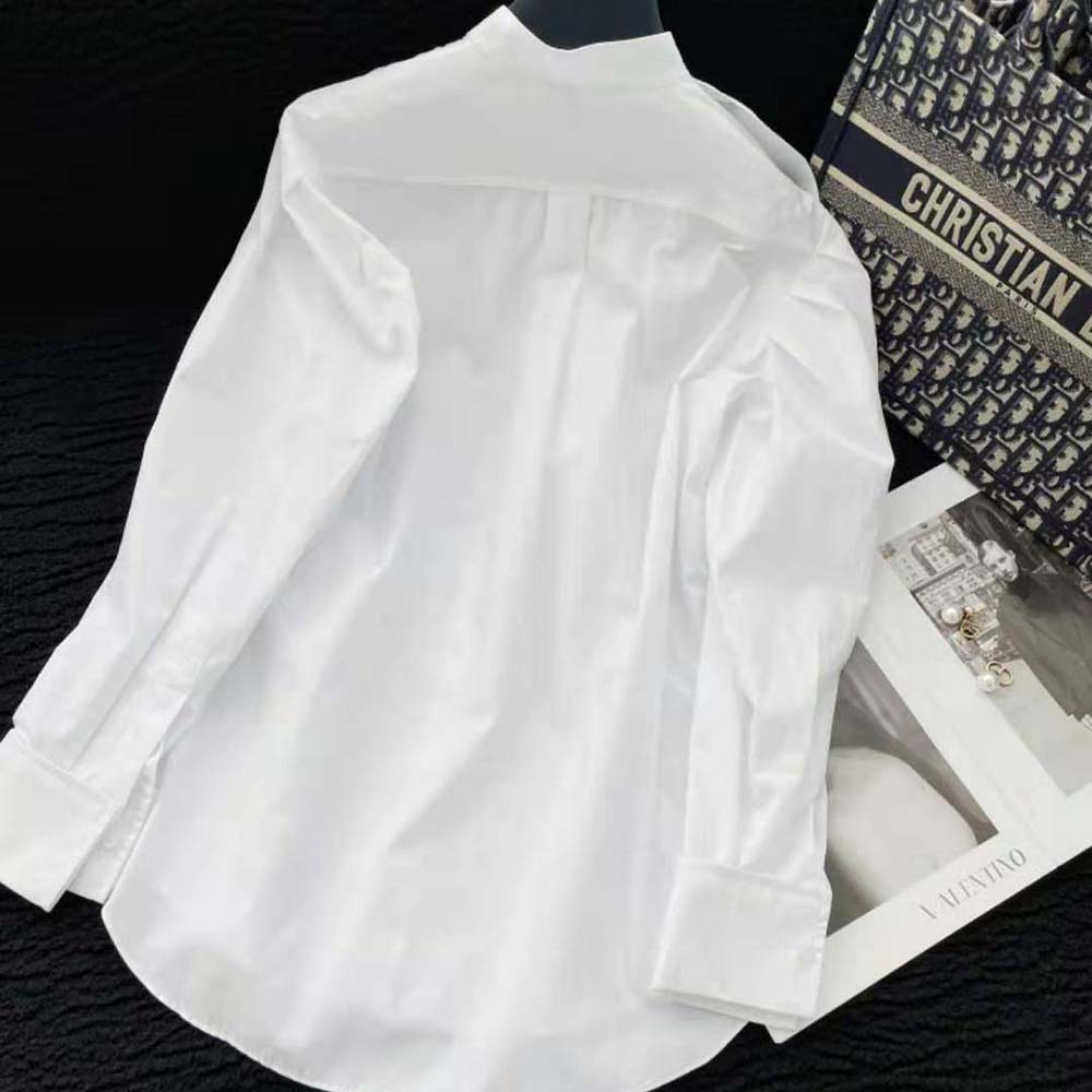 Side angle showing silhouette of Dior Women Blouse with Ruffles White Cotton Poplin