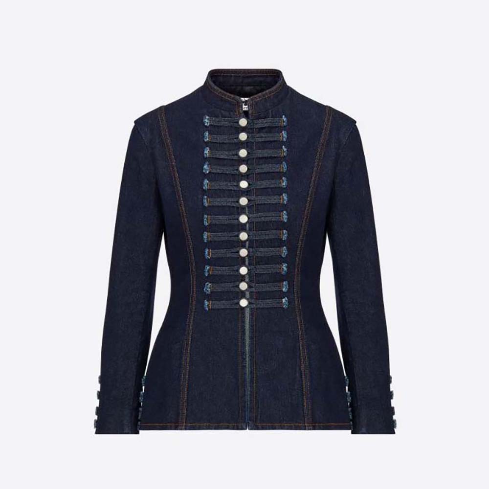 Front view of Dior Women Brandenburg Fitted Jacket Blue Cotton Denim