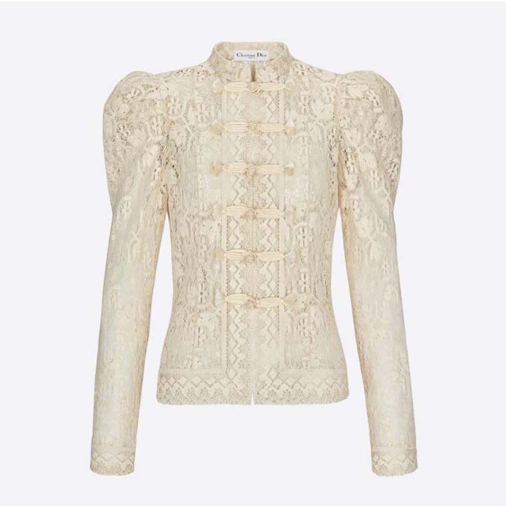 Front view of Dior Women Brandenburg Fitted Jacket Ecru Cotton-Blend Lace