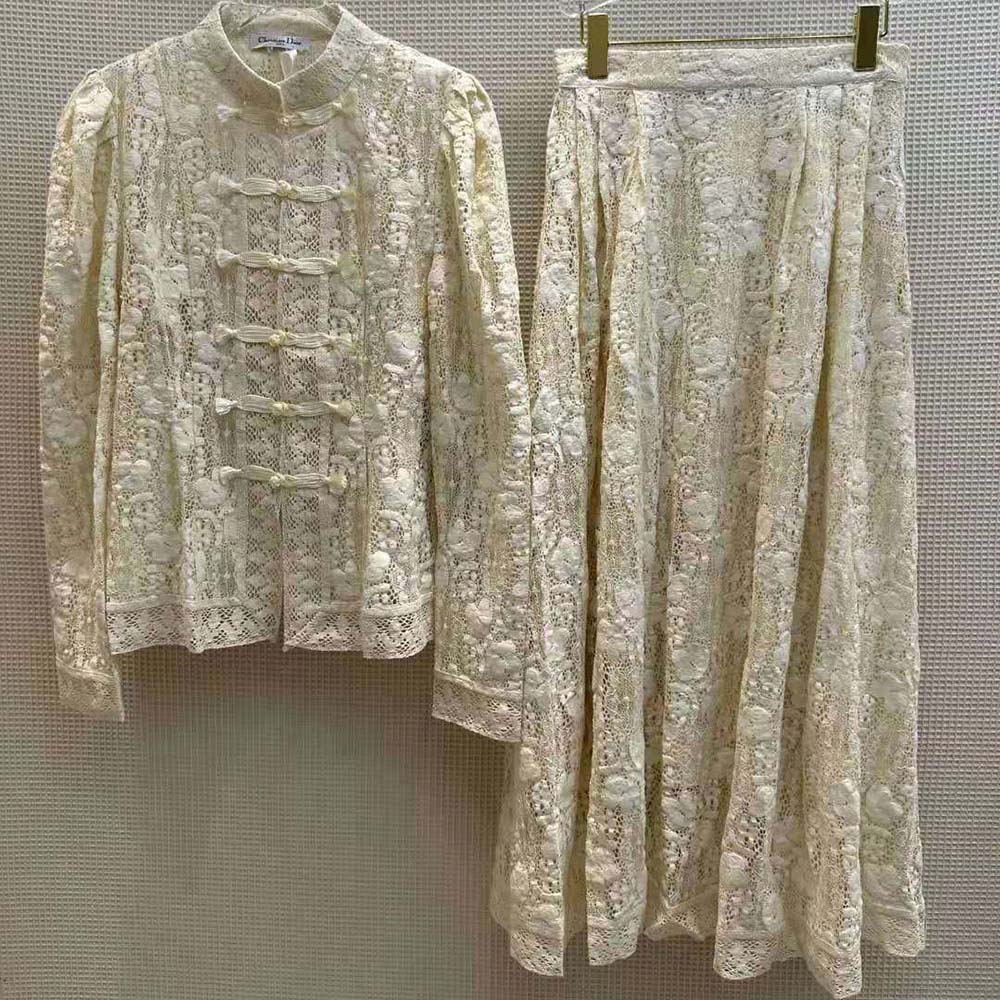 Close-up of lace detail on Dior Women Brandenburg Fitted Jacket white fabric