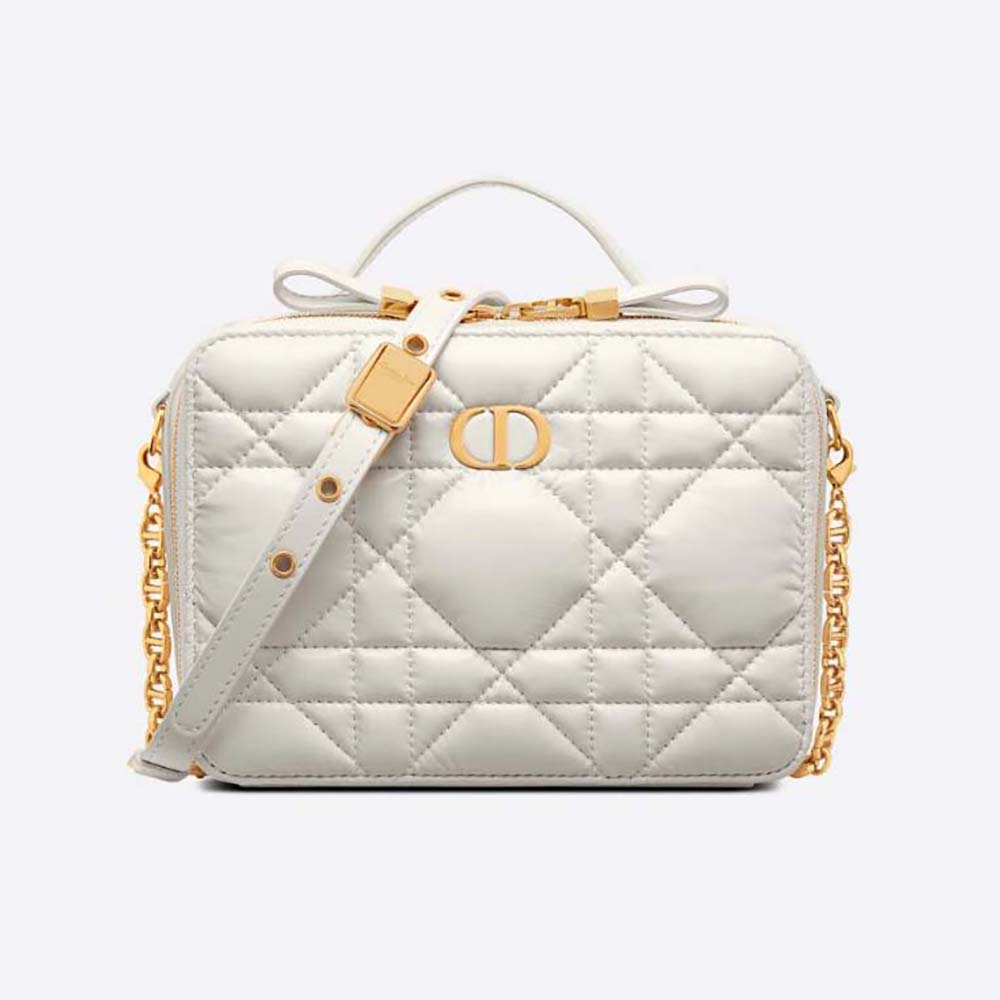 Front view of Dior Women Caro Box Bag with Chain in white latte calfskin