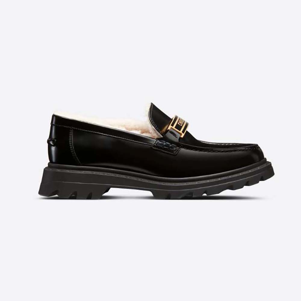 Front angle of Dior Women Code Loafer Black Brushed Calfskin and White Shearling