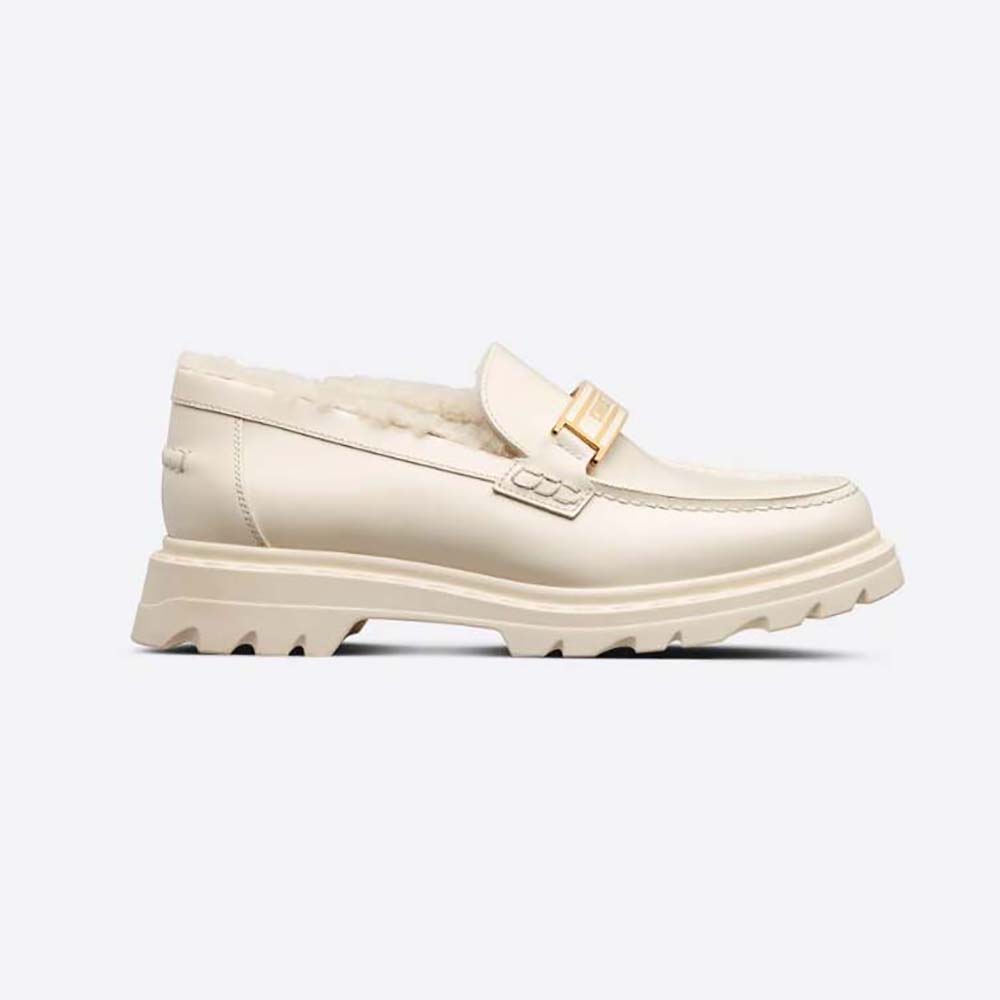 Side view of Dior Women Code Loafer White Brushed Calfskin and Shearling