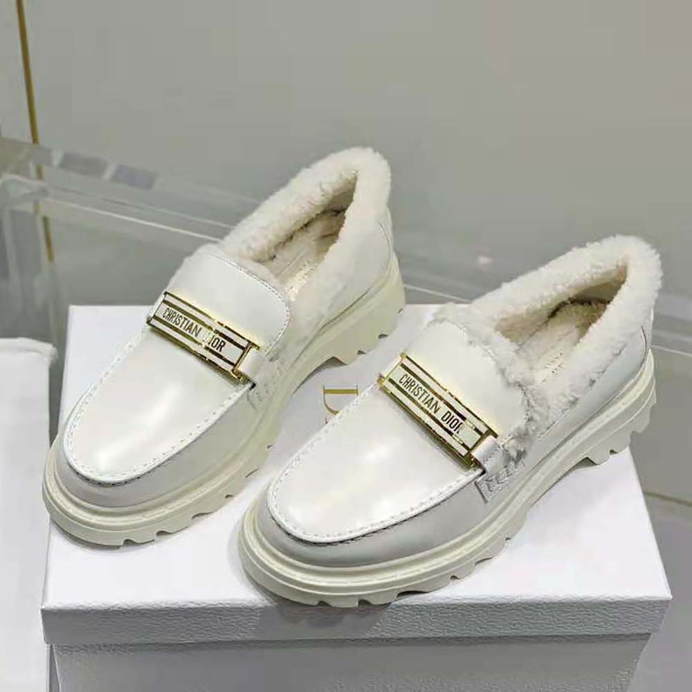 Top angle showing shearling lining inside Dior Women Code Loafer