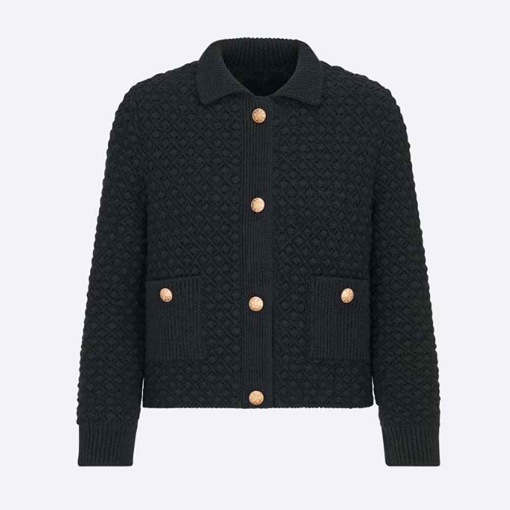 Front view of Dior Women Cropped Jacket Black Wool Knit showcasing button details