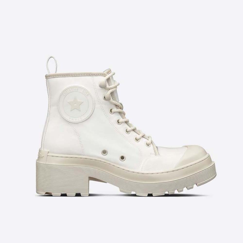 Front angle of Dior Women D-Rise Ankle Boot in white technical fabric