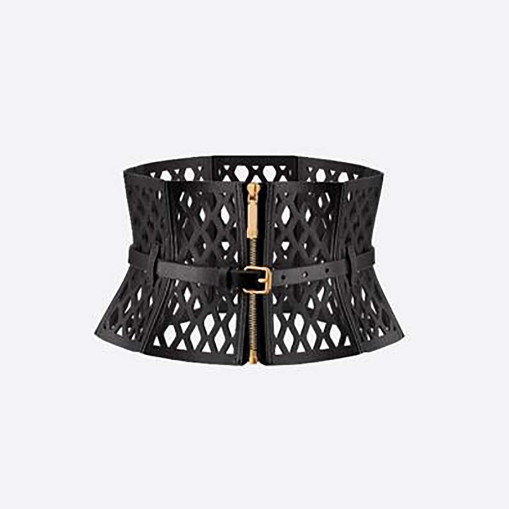 Front view of Dior Women D-Trap Corset Belt Black Smooth Calfskin 16 CM