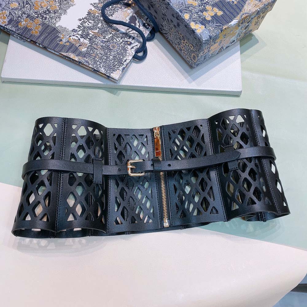 Close-up of signature silver D-trap buckle on Dior Women D-Trap Corset Belt
