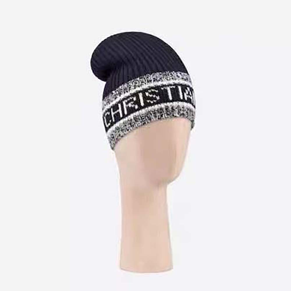 Front view of Dior Women D-White Beanie Black and Ivory in blue
