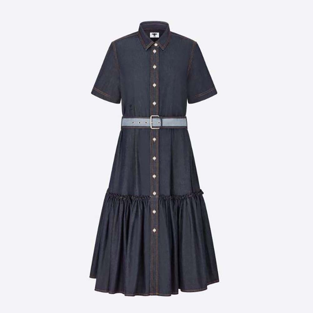 Front view of Dior Women Denim Couture Shirt Dress Blue Raw Cotton Denim
