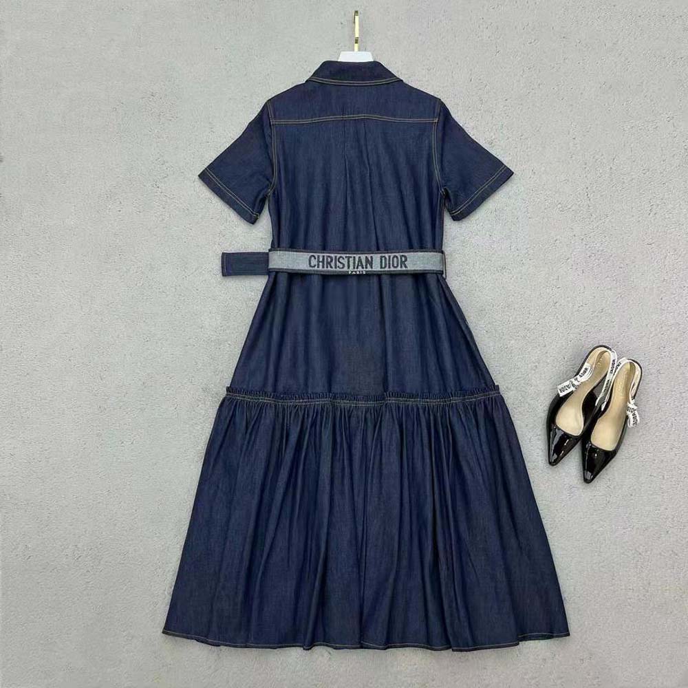 Side profile showcasing tailored silhouette of Dior Denim Couture Shirt Dress