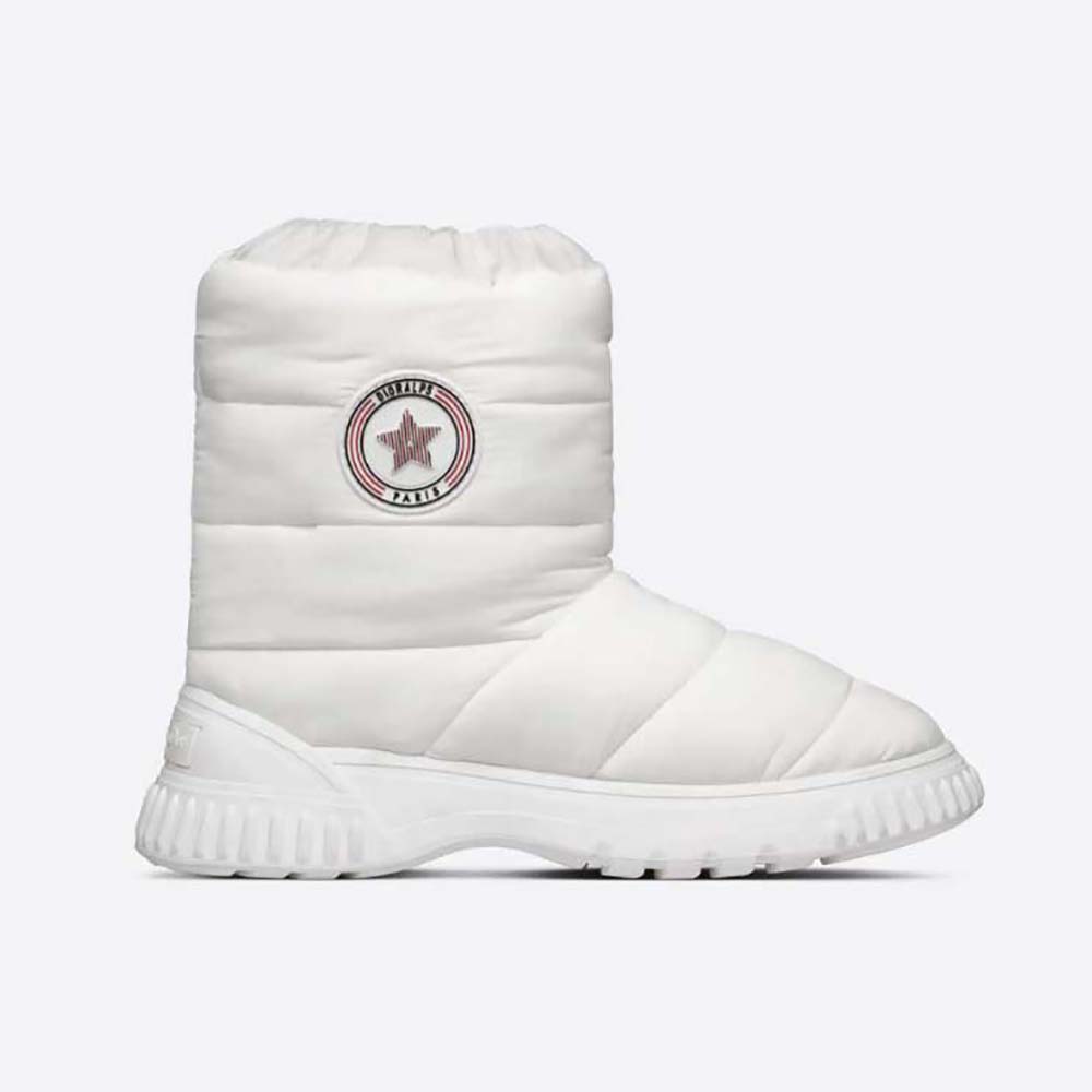 Front angle view of Dior Women Dior Frost Ankle Boot White Quilted Nylon and Shearling