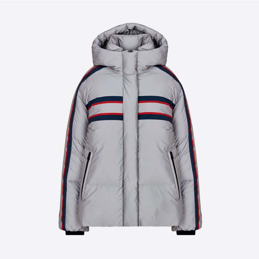 Front view of Dior Women Dioralps Hooded Down Jacket in silver reflective fabric