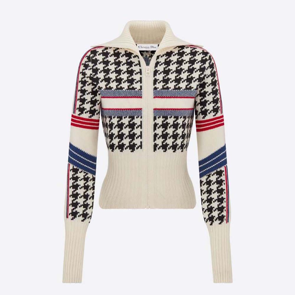 Front view of Dior Women Dioralps Short Cardigan black white houndstooth knit