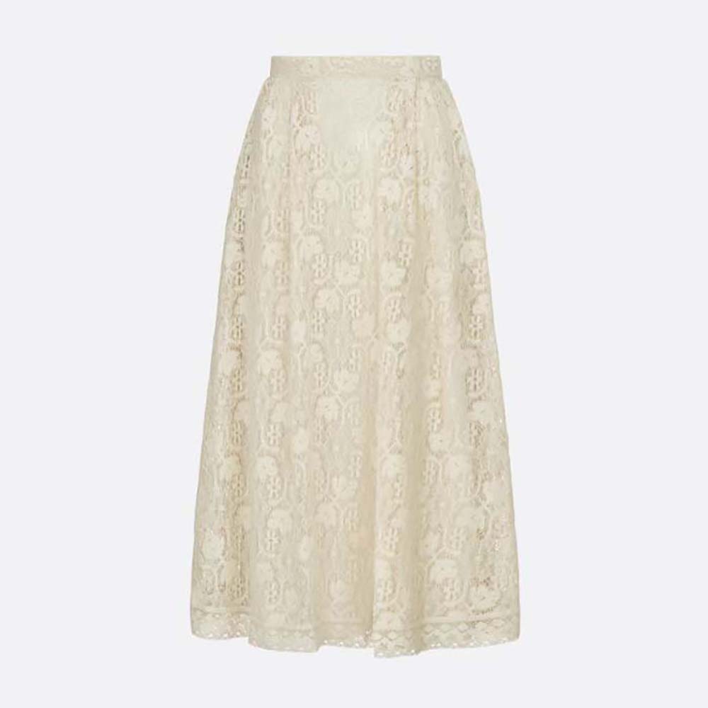 Front view of Dior Women Flared Mid-Length Skirt Ecru Cotton-Blend Lace