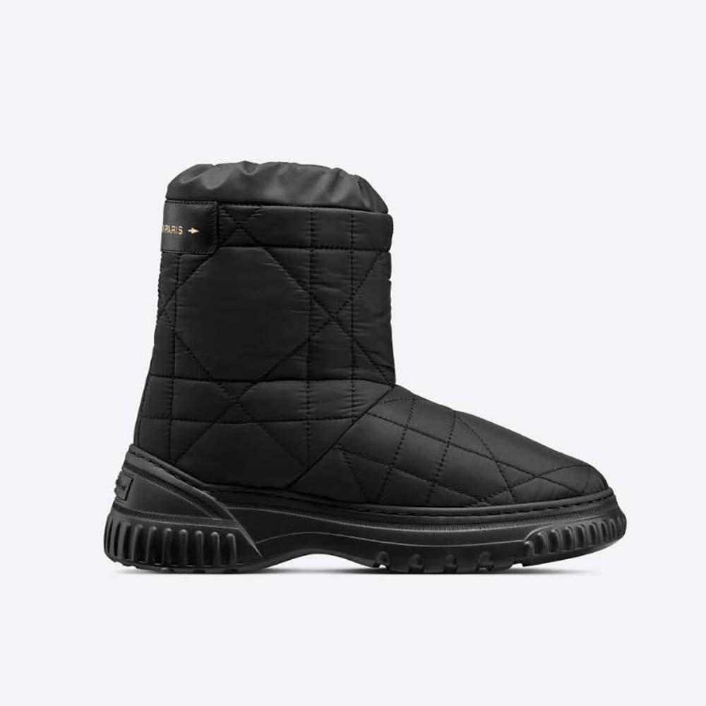 Side profile of Dior Women Frost Ankle Boot Black Cannage Quilted Nylon and Shearling