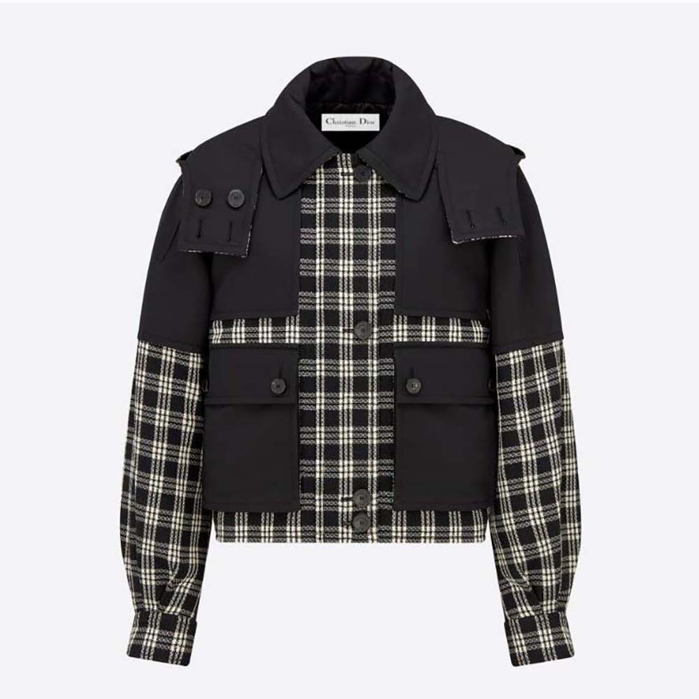 Front view of Dior Women Hooded Peacoat Black and White Check’n’Dior Wool
