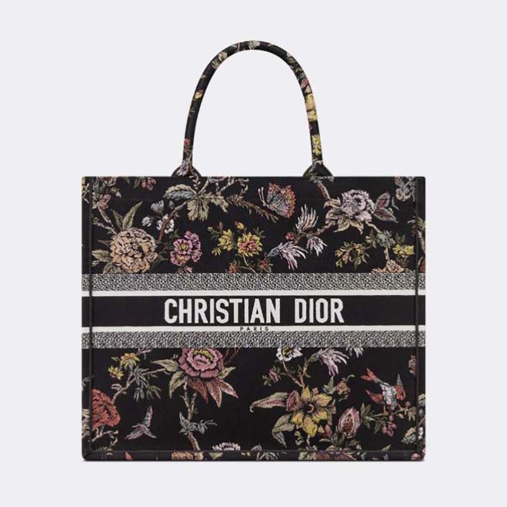 Front view of Dior Women Large Dior Book Tote Black Multicolor Embroidery