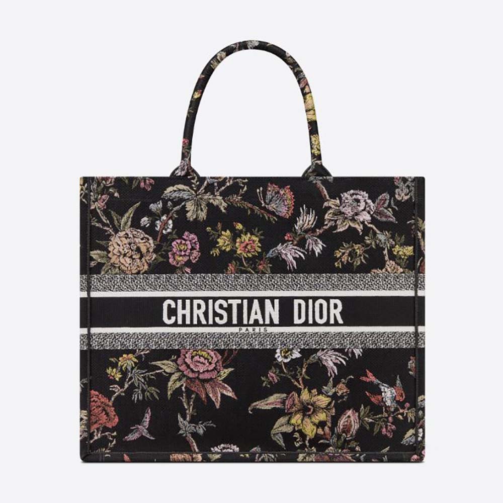 Front view of Dior Women Large Dior Book Tote Black Multicolor Dior Jardin Botanique Embroidery