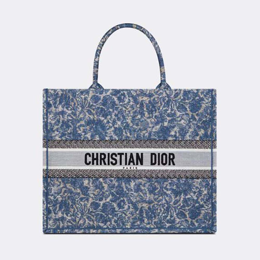 Front view of Dior Women Large Dior Book Tote Blue Dior Brocart Embroidery with Denim Effect