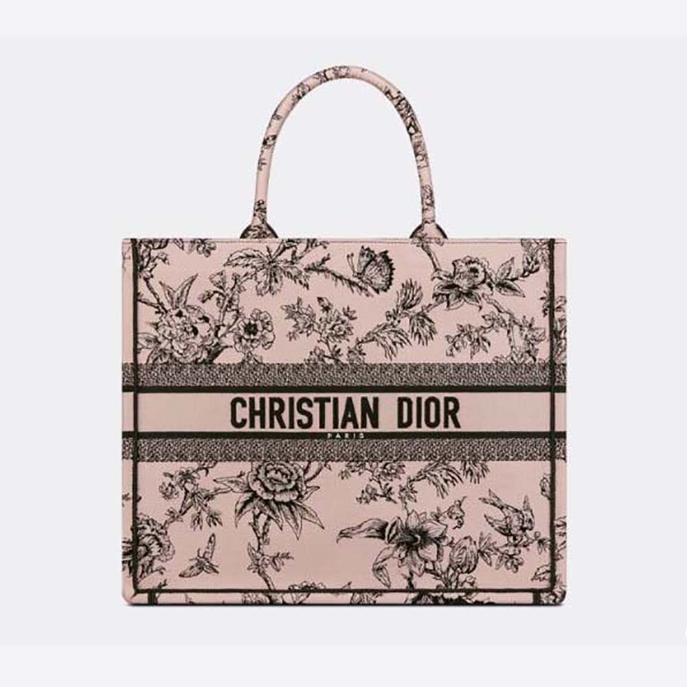 Front view of Dior Women Large Dior Book Tote Powder Pink Dior Jardin Botanique Embroidery