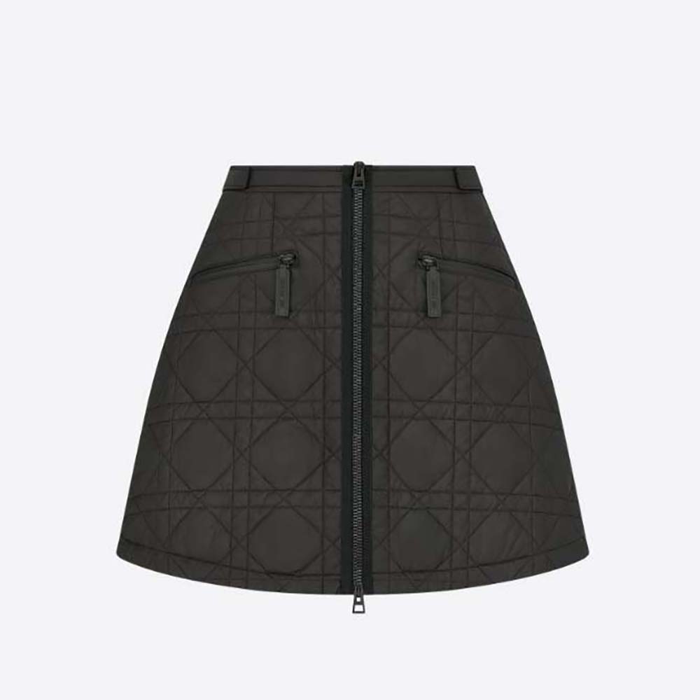 Front view of Dior Women Macrocannage Flared Miniskirt Black Quilted Technical Taffeta
