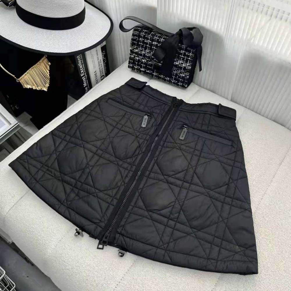 Side angle showing flare and texture of Dior Women Macrocannage Flared Miniskirt