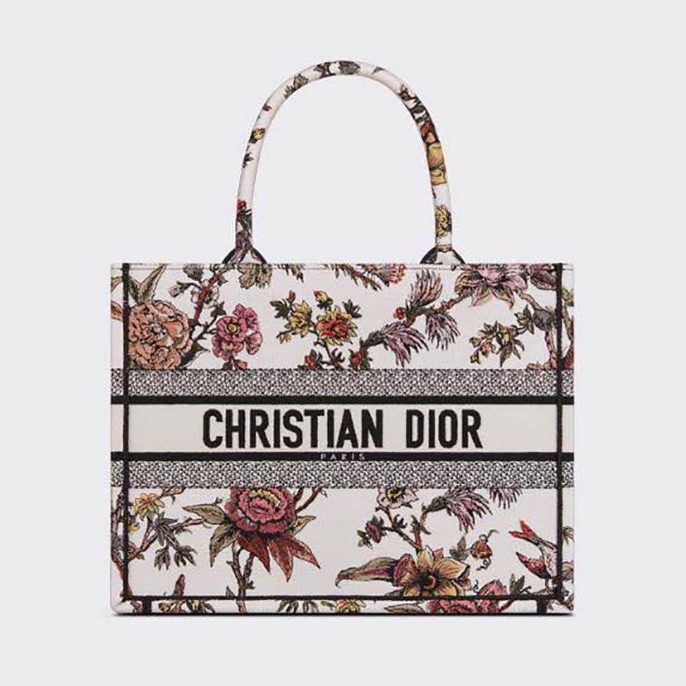 Front view of Dior Women Medium Dior Book Tote White Multicolor Dior Jardin Botanique Embroidery