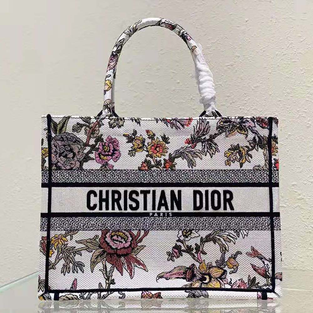 Close-up of multicolor Dior Jardin Botanique embroidery on Dior Book Tote