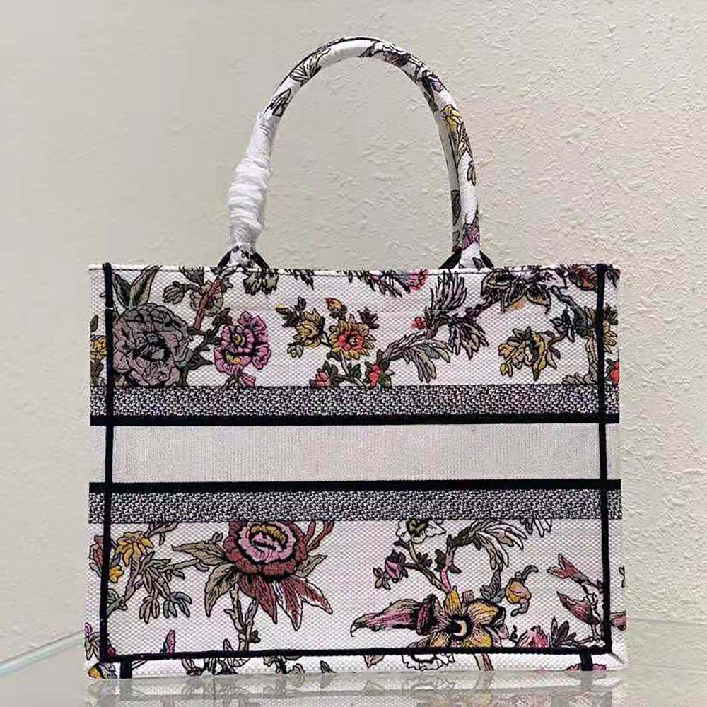 Side angle showing silver-tone hardware on Dior Women Medium Dior Book Tote