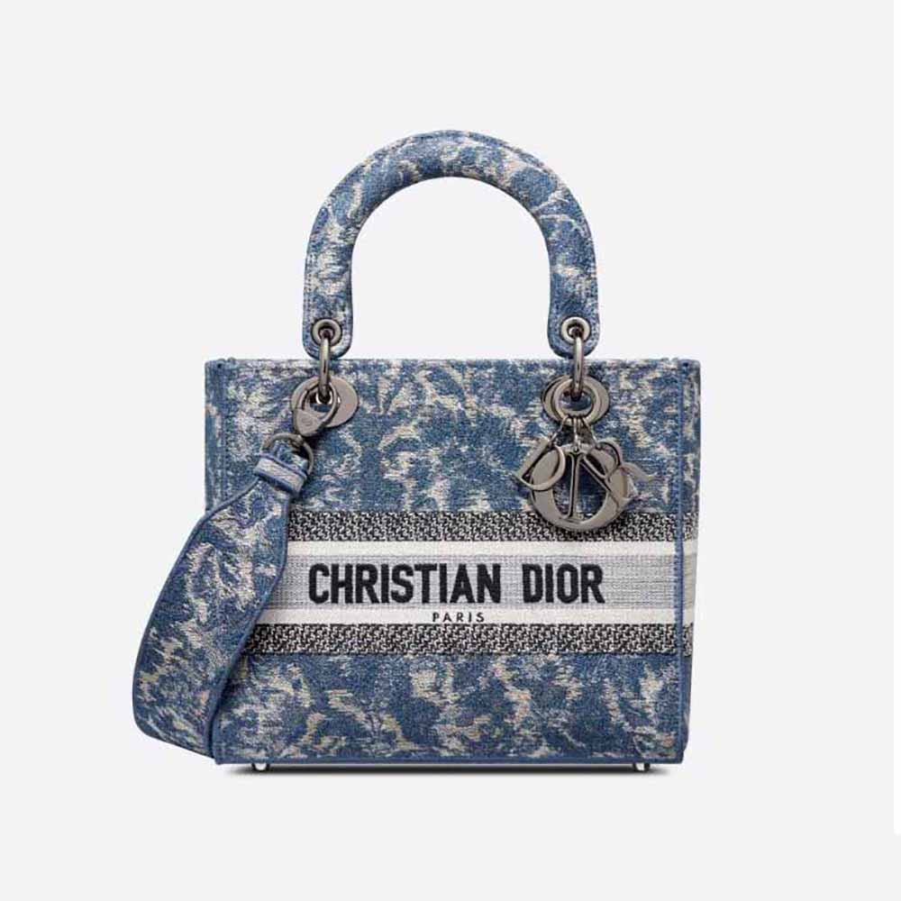 Front view of Dior Women Medium Lady D-Lite Bag Blue Dior Brocart Denim-Effect Embroidery