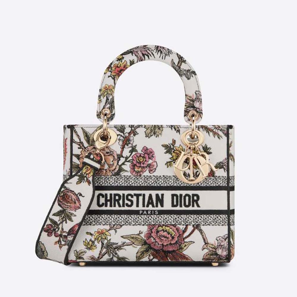 Front view of Dior Women Medium Lady D-lite Bag with Jardin Botanique embroidery