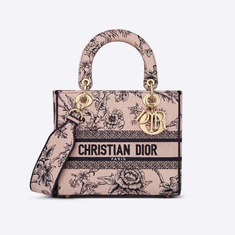 Front angle of Dior Women Medium Lady D-lite Bag Powder Pink Dior Jardin Botanique Embroidery