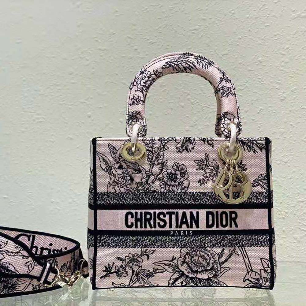 Close-up detail of powder pink Dior Jardin Botanique embroidery on Lady D-lite Bag