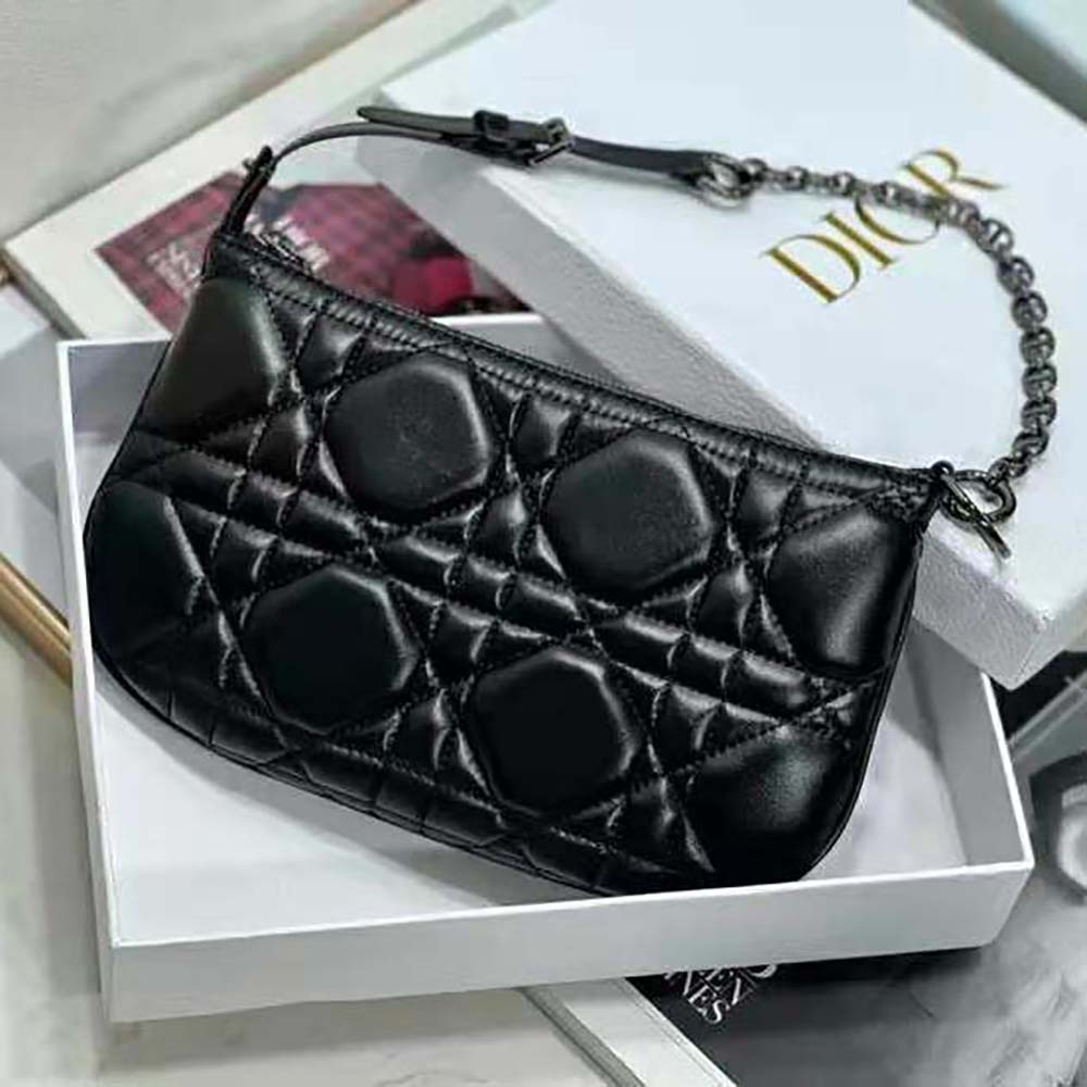 Side profile showcasing quilting detail on Dior Women Mini Dior Caro Tulip Bag