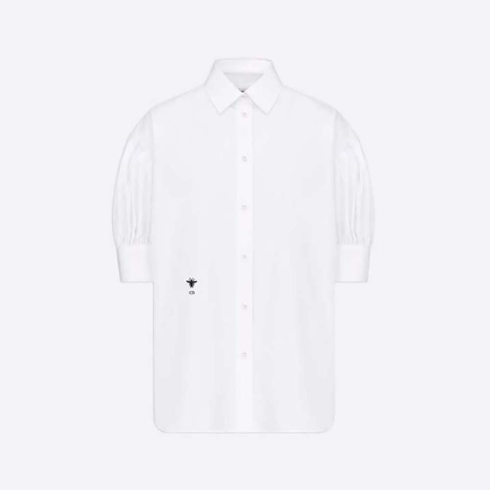 Front view of Dior Women Puffed Short-Sleeved Blouse White Cotton Poplin