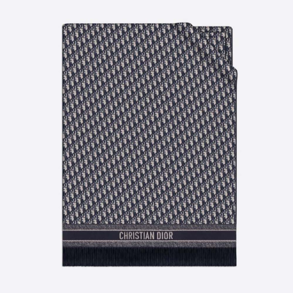 Front view of Dior Women Reversible Dior Oblique Blanket Navy Blue Cashmere, Virgin Wool and Silk scarf folded