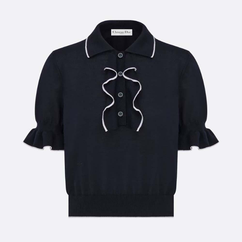 Front view of Dior Women Short-Sleeved Sweater Navy Blue Cashmere and Silk Knit