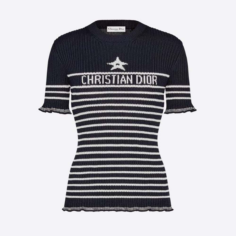 Front view of Dior Women Short-Sleeved Sweater Navy Blue and White Cotton Ribbed Knit
