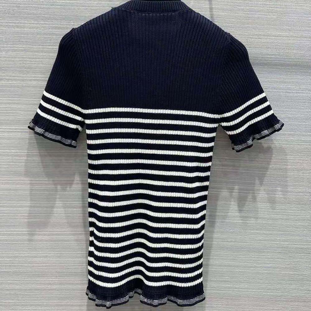 Side angle showing fit and sleeve length of Dior Women Short-Sleeved Sweater Navy Blue and White