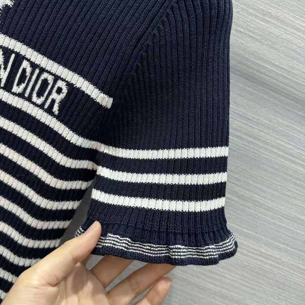 Dior Women Short-Sleeved Sweater Navy Blue and White Cotton Ribbed Knit with Signature - image 9