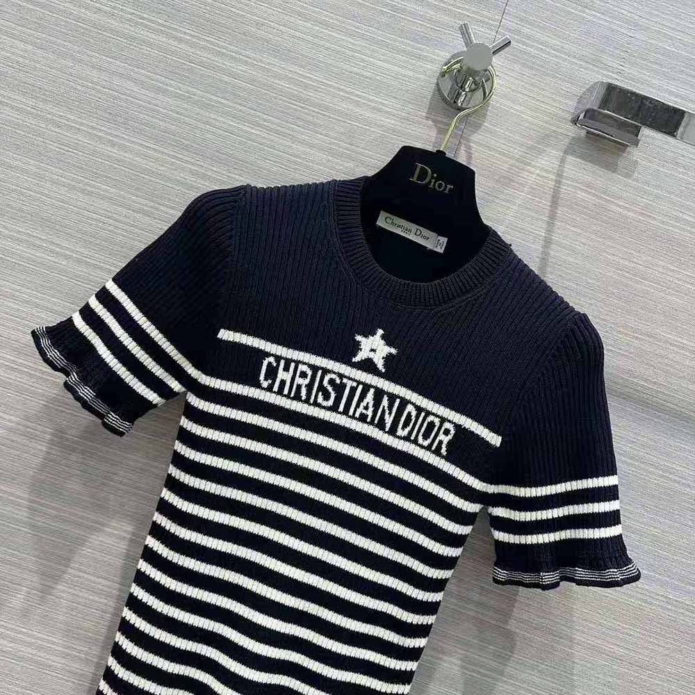 Dior Women Short-Sleeved Sweater Navy Blue and White Cotton Ribbed Knit with Signature - image 4