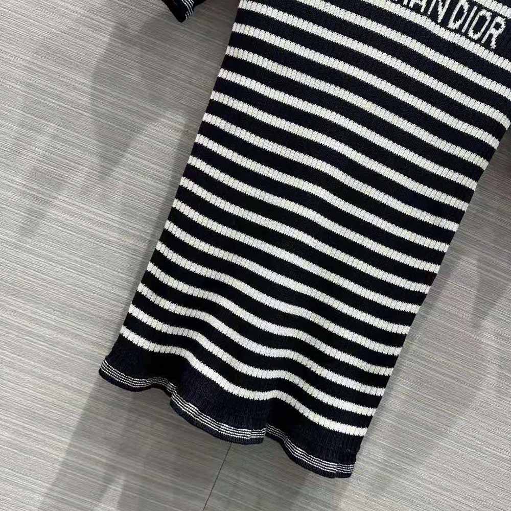 Dior Women Short-Sleeved Sweater Navy Blue and White Cotton Ribbed Knit with Signature - image 8