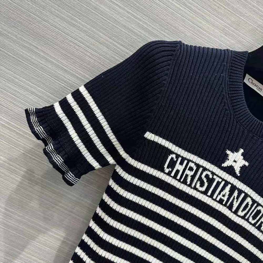 Dior Women Short-Sleeved Sweater Navy Blue and White Cotton Ribbed Knit with Signature - image 5