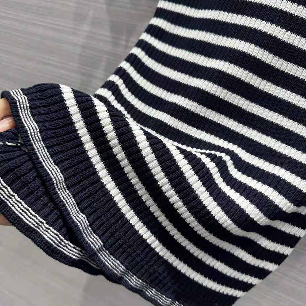 Dior Women Short-Sleeved Sweater Navy Blue and White Cotton Ribbed Knit with Signature - image 7