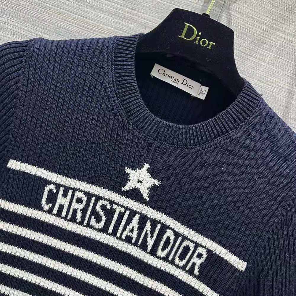 Dior Women Short-Sleeved Sweater Navy Blue and White Cotton Ribbed Knit with Signature - image 6